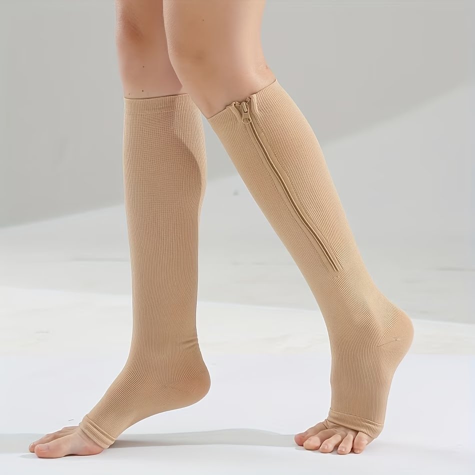 Compression Sock Medical - Hautfarbene Kompressionsstrümpfe mit Reißverschluss, offener Zehenbereich,